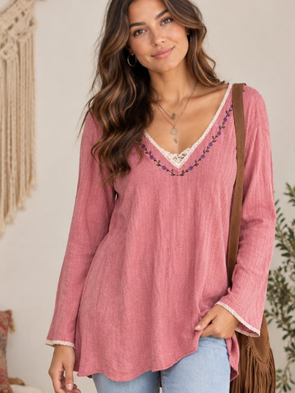 Jessica Pink Long Sleeve Tunic Top Size L Embroidered Floral Lace Trim Boho